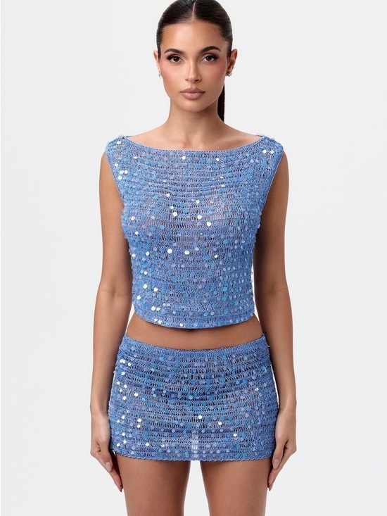 naked wardrobe Tops - NWT Naked Wardrobe Sz XL Blue Sequin Crocheted Boat Neck See Through Crop Top